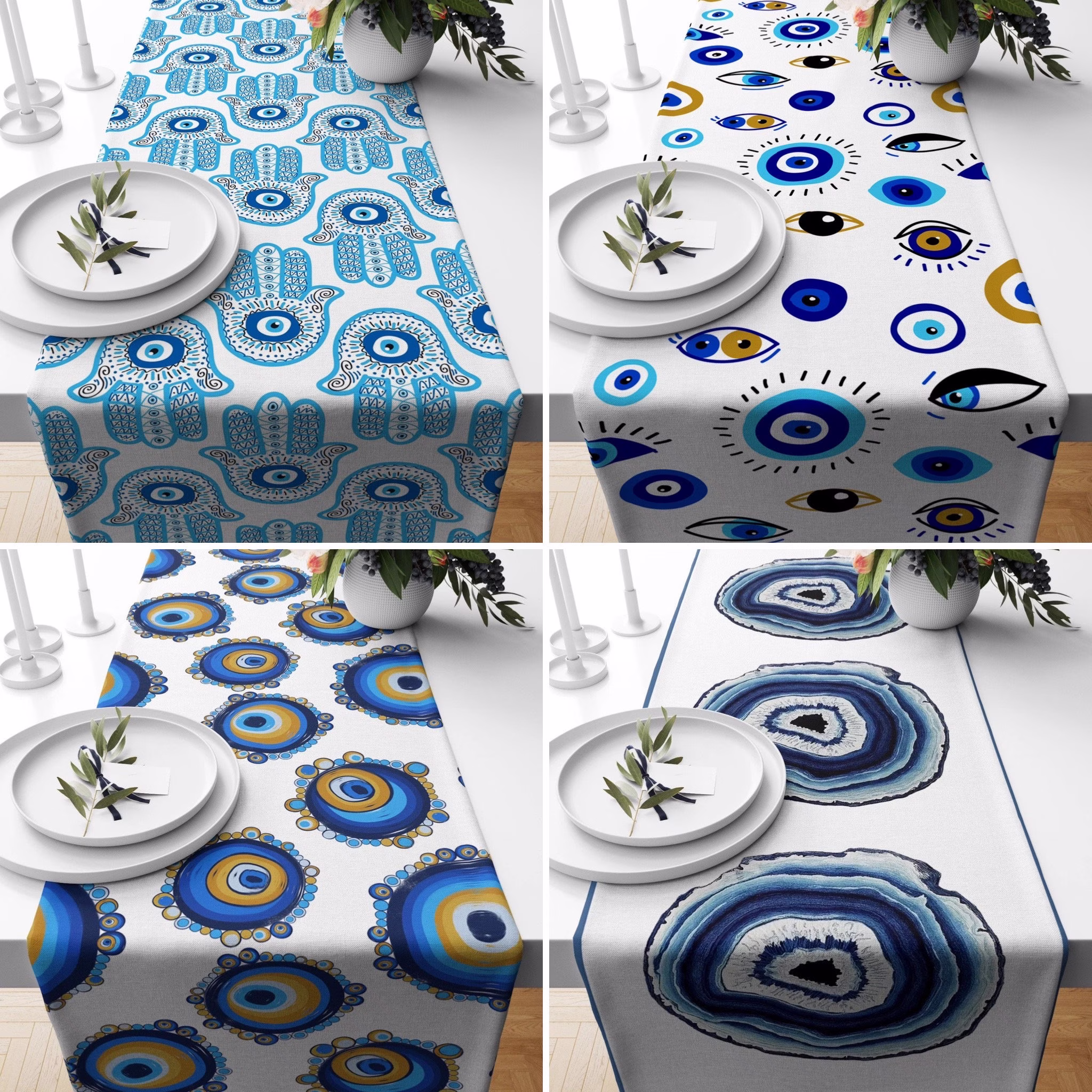 Evil Eye Table Runners, Blue Good Luck Tablecloth, Bead Kitchen Runner, Housewarming Gift, Farmhouse Dining Room Decor, Gift For Mom