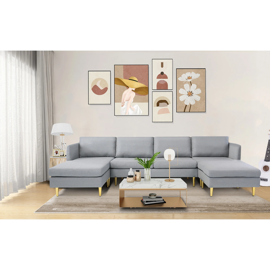 Convertible Sectional Sofa Reversible Chaise Polyester Padded Stationary Sofa Set with Ottoman Included and Golden Metal Legs
