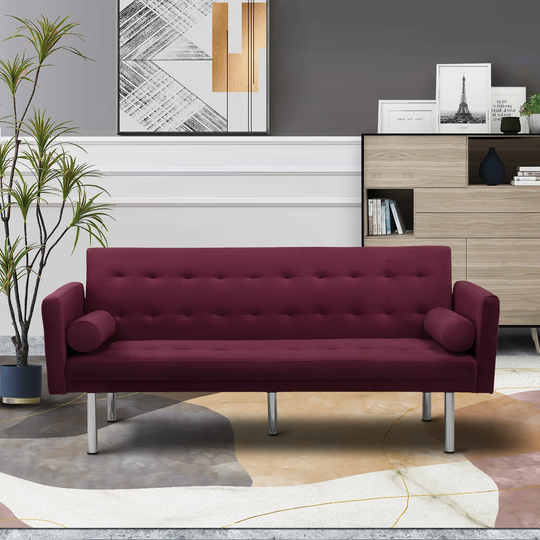 Upholstery Velvet Square Arm Sleeper Sofa, Tight Seat/Back Sofa with 2 Pillows, Solid Wood Frame and Sinuous Spring