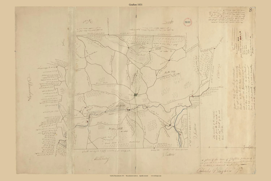 Grafton 1831 Town Plan - Old Roads Reprint Restored Massachusetts Archives Ma