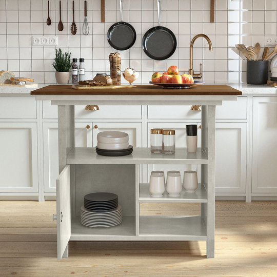 Farmhouse Counter Height Dining Table Wooden Kitchen Table with Storage Cabinet and Shelves for Small Places
