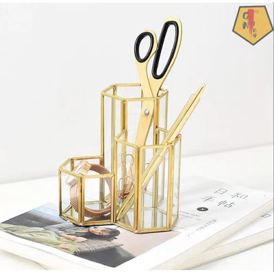 Brass Crystal Geometric 3 Layer Pen Holder Makeup Brush Holders Cosmetic Storage Holder Beauty Brush Holder Office Desk Organizer