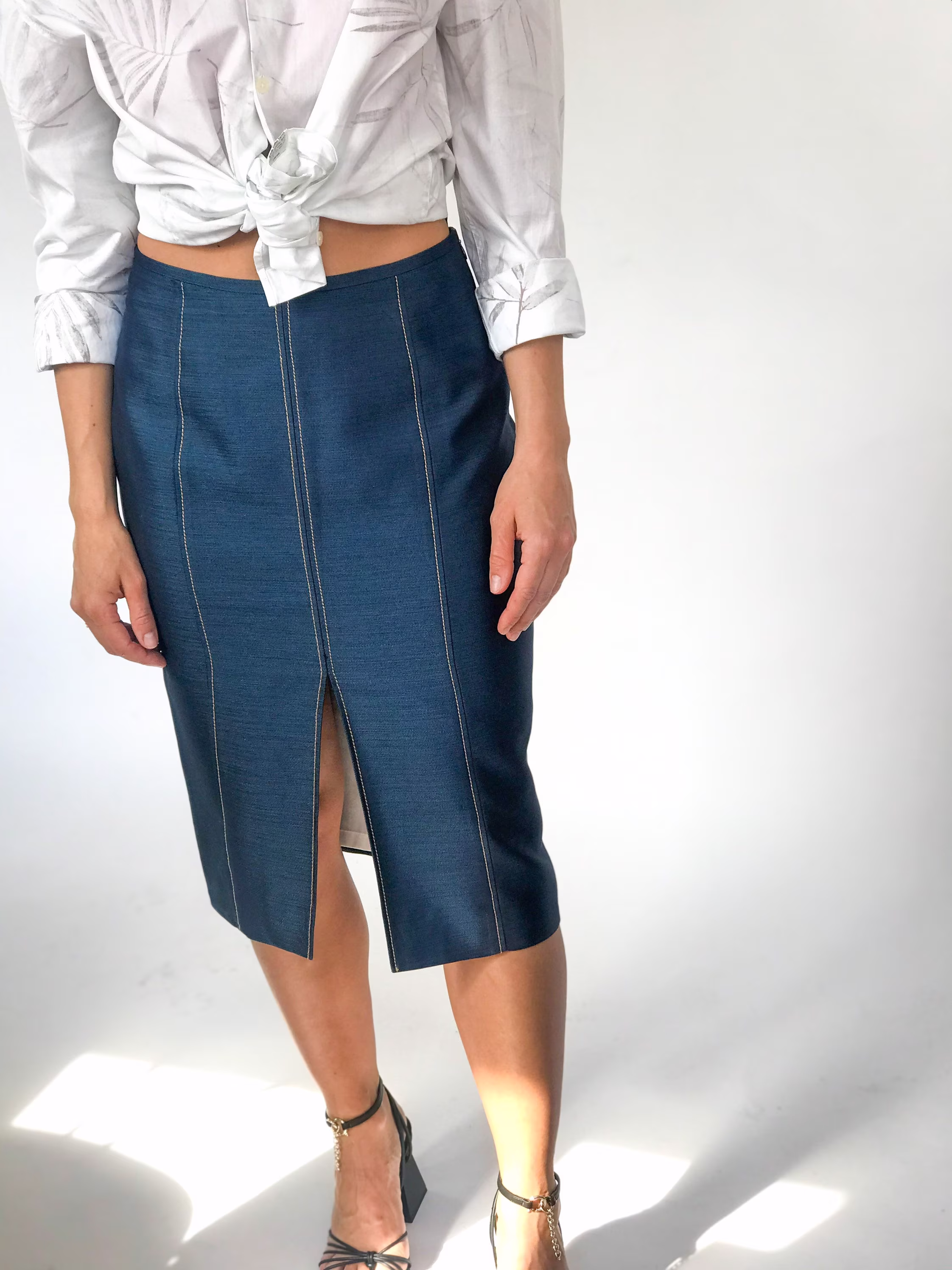 Versace Classic Blue Pencil Skirt With Front Slit, Size S