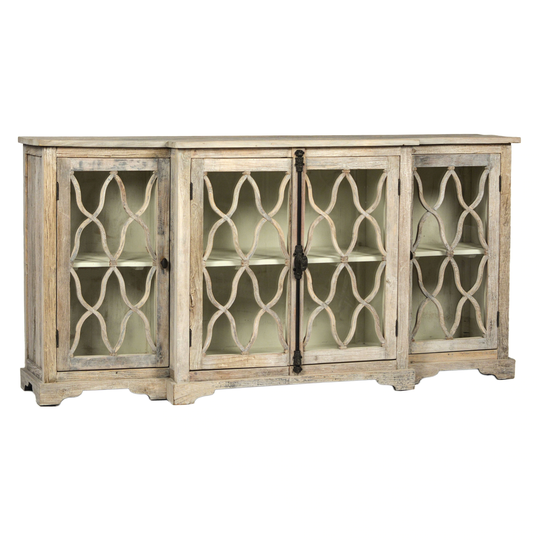 Theo 79" Reclaimed Pine Antique Grey Wash Sideboard with Carved Door Fronts and Iron Details
