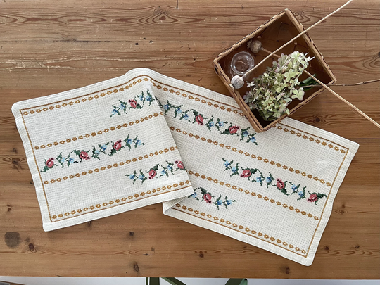 Danish 70S Handmade Table Runner. Cross Stitch Embroidery With Flowers & Borders. Needlework From Scandinavia For Your Decoration