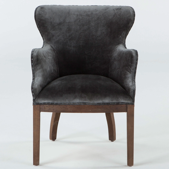 World Interior Grey Velvet Oak Wood Arm Chair