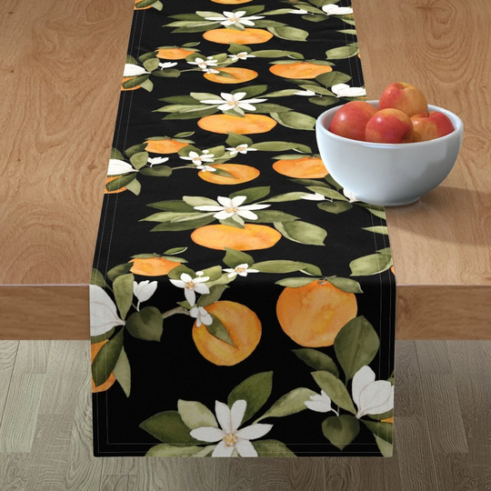 Citrus Floral Table Runner - Dark Orange Blossom By Mintpeony Large Scale Fruit Flowers Cotton Sateen Spoonflower