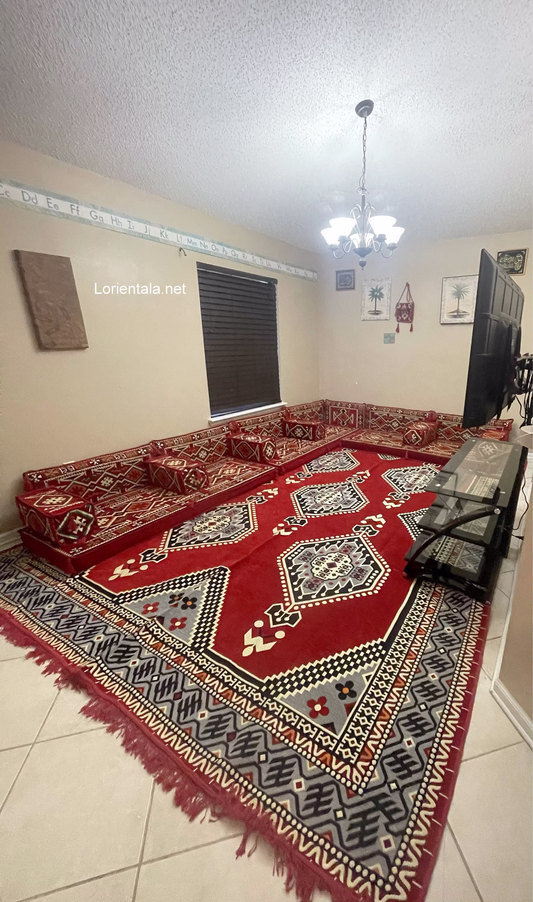 Big L Shaped Oriental Floor Seating Sectional Sofa Red Fabric Cushion Turkish Arabic Majlis Rug Home Decor Moroccan Sofa Furniture