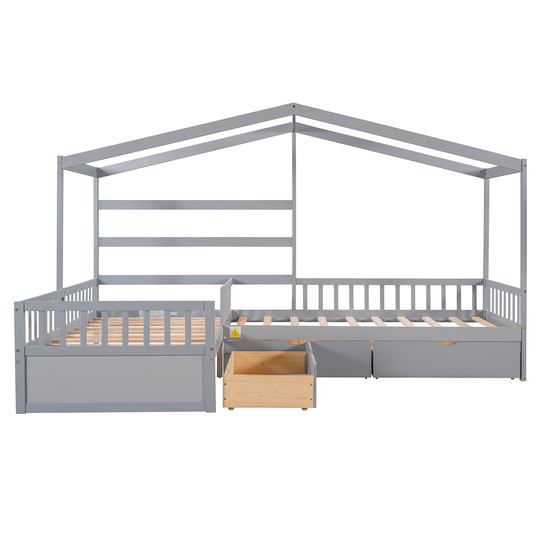 Twin Size L-Shaped 3 Drawer Storage Platform Bed Fence-Style House Bed, 117.5''L*78.5''W*69.7''H, 169LBS