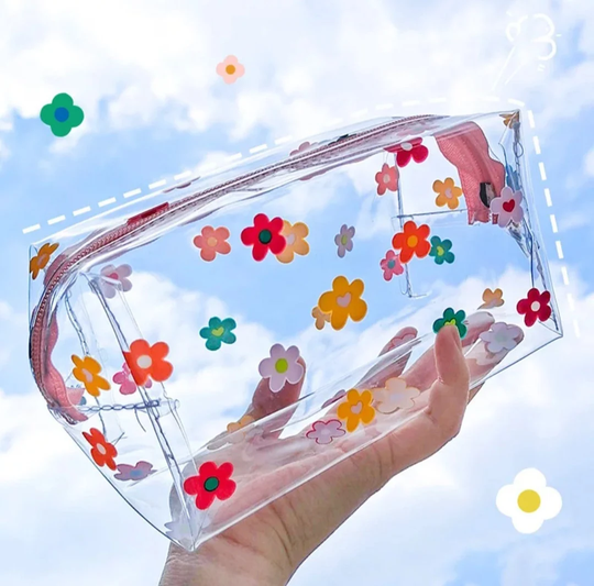 Transparent Large Capacity Simple Pencil Case, Pvc Waterproof Cosmetic Bag, Fruit, Flower Pattern Zipper School, Office Pouch, Gift