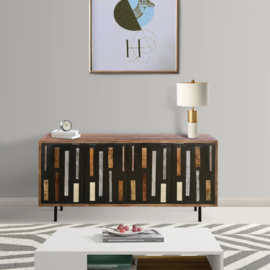 62 Inch Mango Wood Sideboard Buffet, 4 Doors and Multi Tone Molded Trim, Grayish Brown