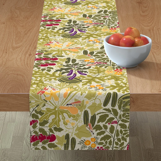 Vegetable Garden Table Runner - Damselflies in My By Ramarama Shades Of Green Botanical Cotton Sateen Spoonflower
